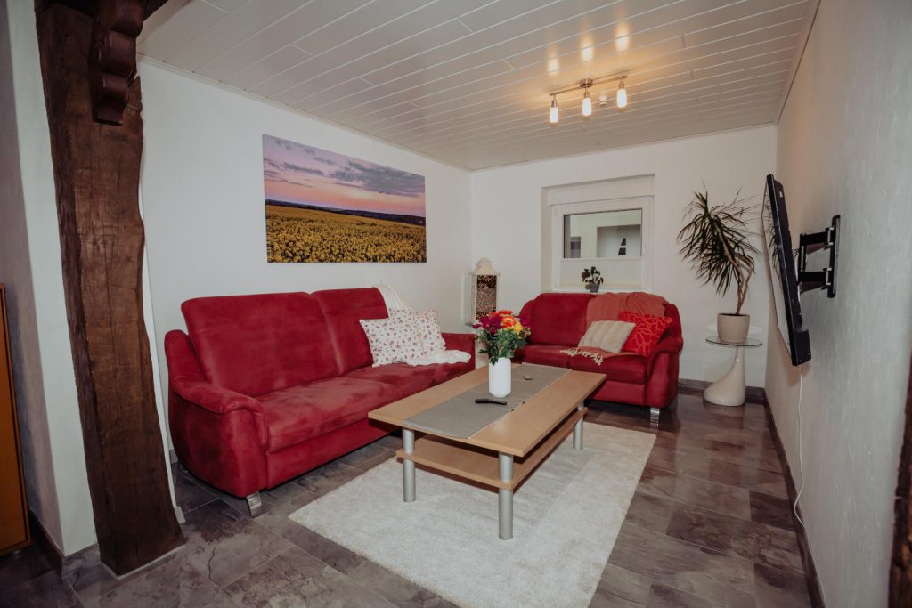 Gemütliches Wohnzimmer im Ferienhaus mit roten Sofas, Couchtisch und Flachbildfernseher.