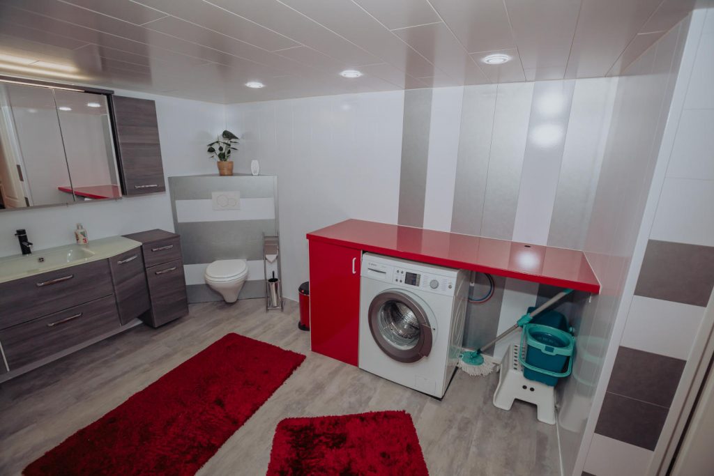 Hauswirtschaftsraum im Ferienhaus CaSa Hürtgenwald in Großhau mit Waschmaschine, Waschbecken und roten Akzenten.