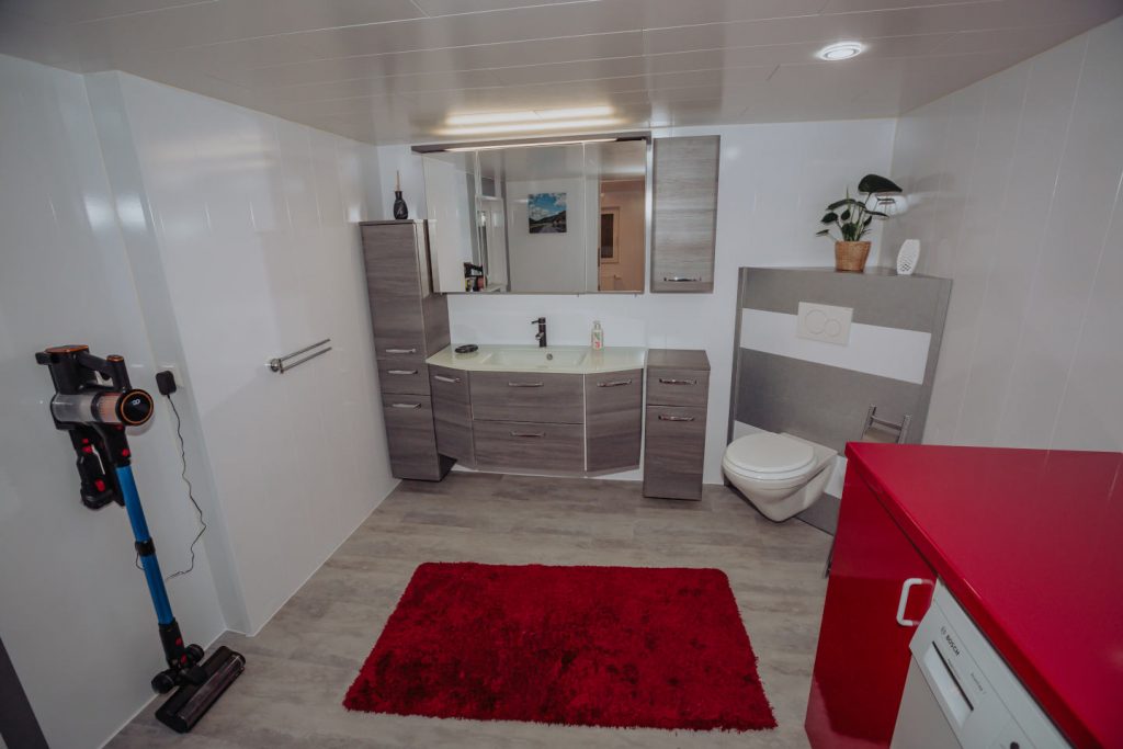 Großes Gäste-WC mit grauem Waschtisch, Spiegel und Hänge-WC. Auf dem Boden liegt ein roter Teppich. Rechts steht eine Waschmaschine unter einer roten Arbeitsplatte, links hängt ein Akku-Staubsauger an der Wand.